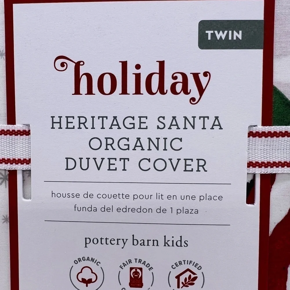 POTTERY BARN KIDS HERITAGE SANTA ORGANIC TWIN DUVET COVER NWT